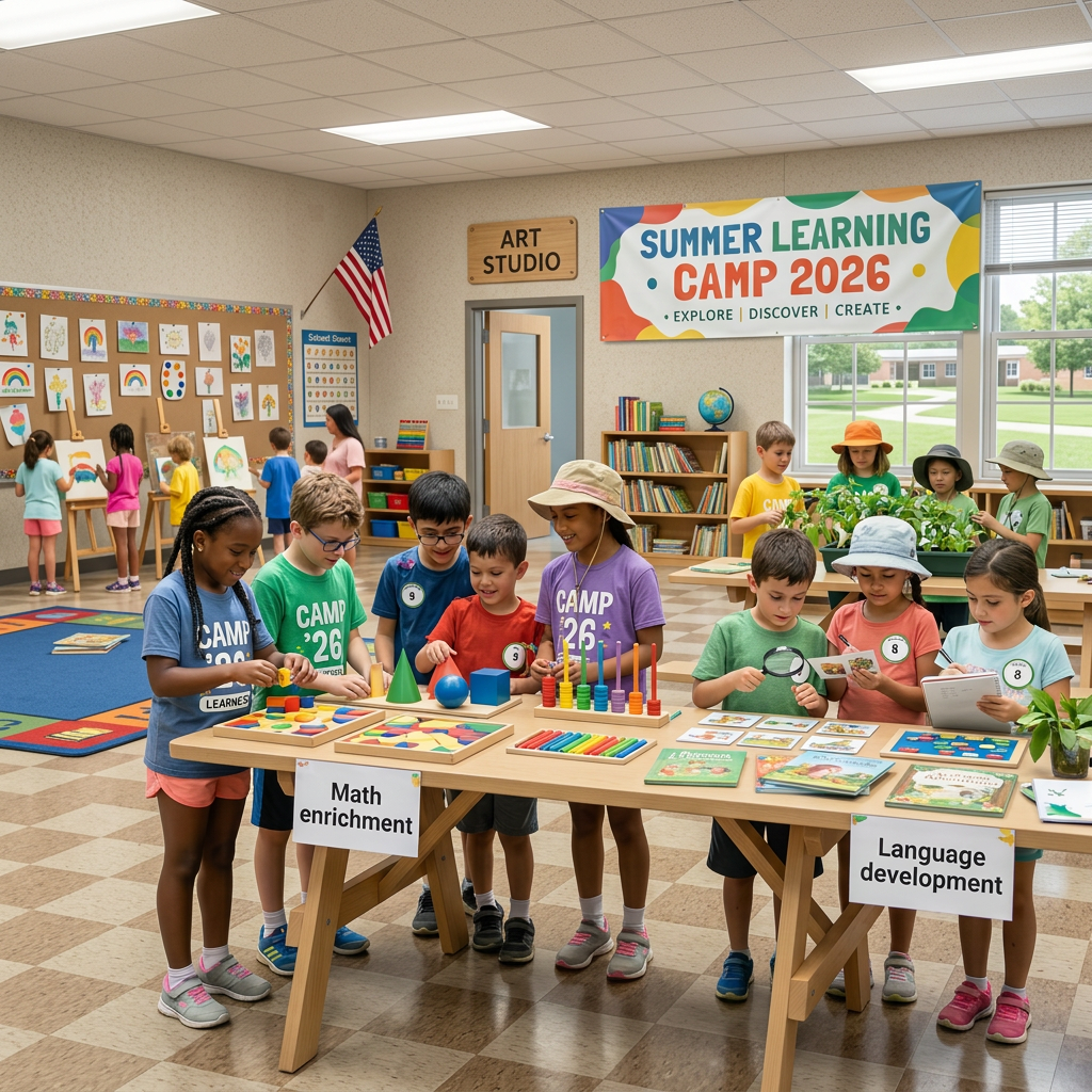 Children participating in robotics, coding, and science activities at summer learning camp